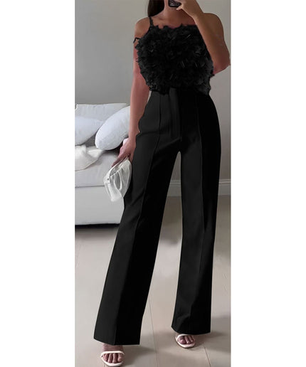 Sleeveless Feather Top and High Waisted Pant Set