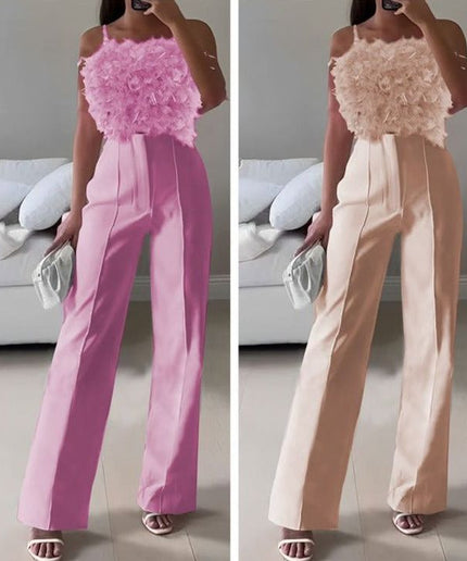 Sleeveless Feather Top and High Waisted Pant Set