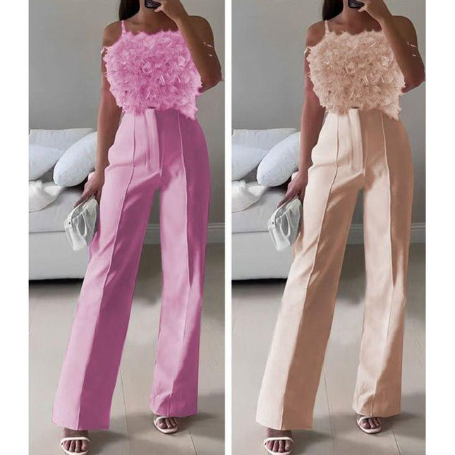 Sleeveless Feather Top and High Waisted Pant Set