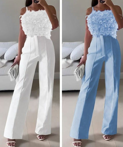 Sleeveless Feather Top and High Waisted Pant Set