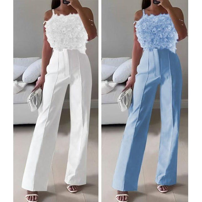 Sleeveless Feather Top and High Waisted Pant Set