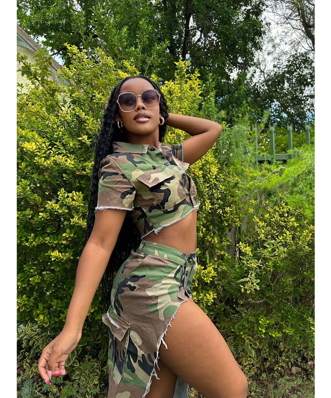 Camouflage Slit skirt and top set