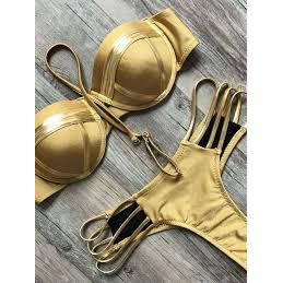 Gold Stamping Bikini Padded Swimsuit Sexy Set.