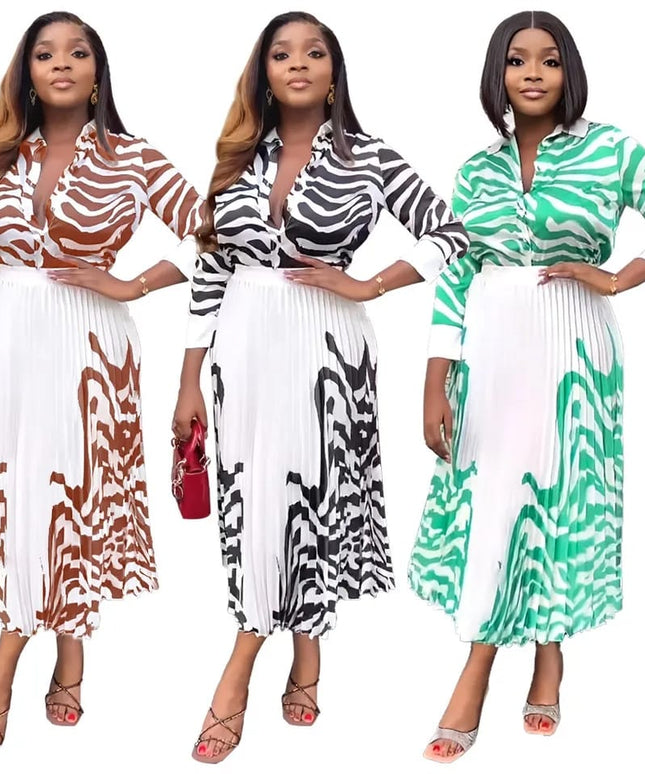 Dashiki Print Pleated Skirt and Shirt Set