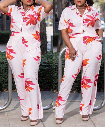 Vintage Floral Short Sleeve Top and Pant Set