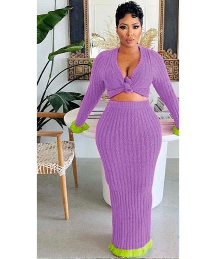 Sexy Knitted Buttoned Top and Skirt Set