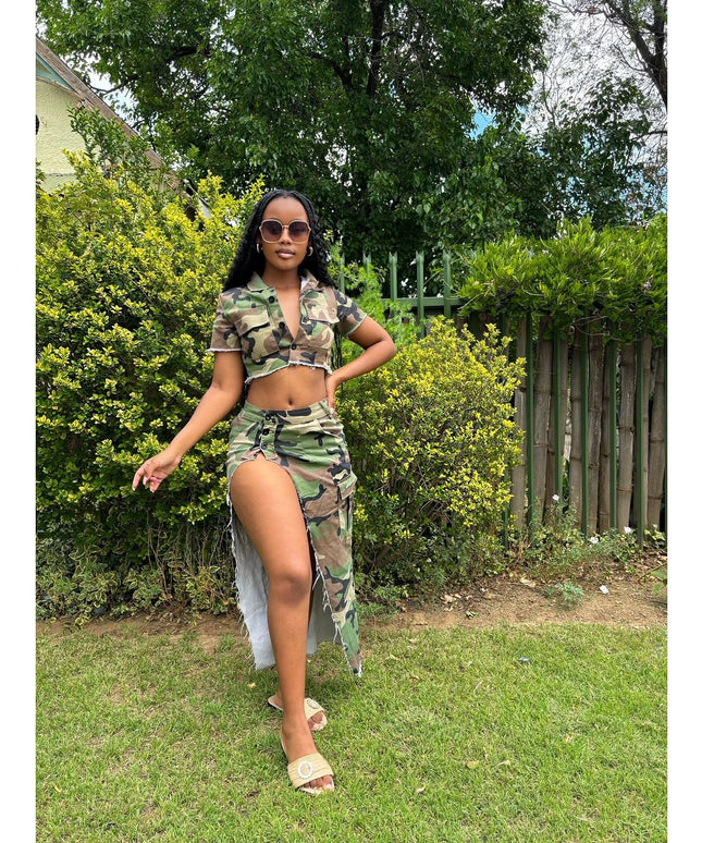 Camouflage Slit skirt and top set