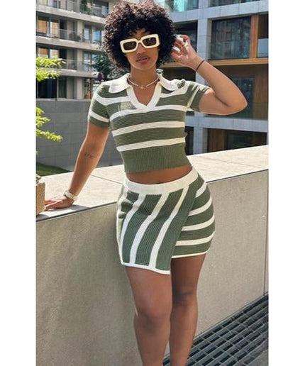 Striped Knitted Crop Top & Skirt Set