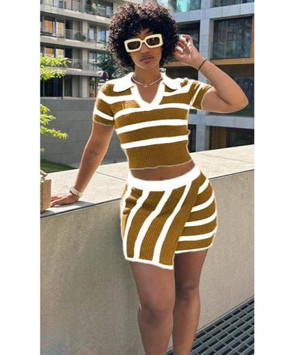 Striped Knitted Crop Top & Skirt Set