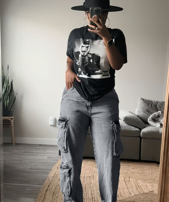 High Waist Relaxed Fit Cargo Denim Jeans