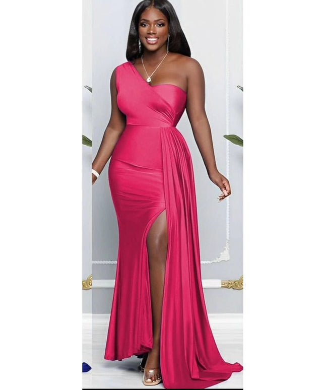 High Waisted Slit One Shoulder Maxi Dress