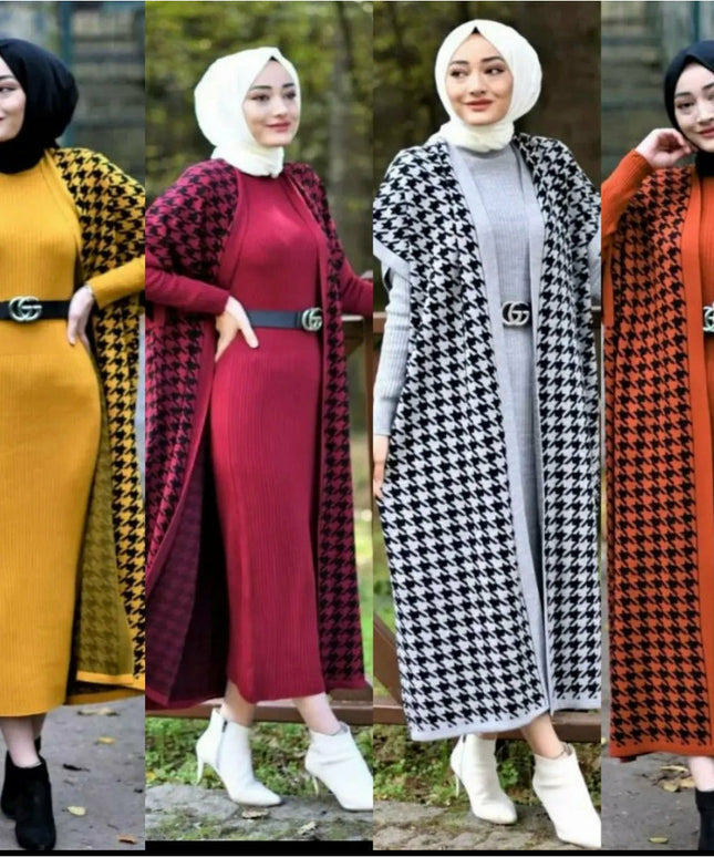 Plaid Cardigan & Sweater Dress Knitted Set