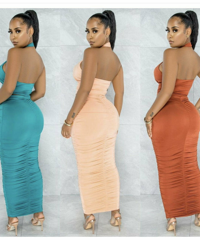 Sexy Halter Backless Top Maxi Skirts Set