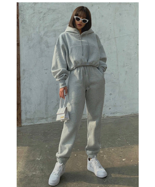 Drawstring Hoodie Crop Top & Jogger Pants