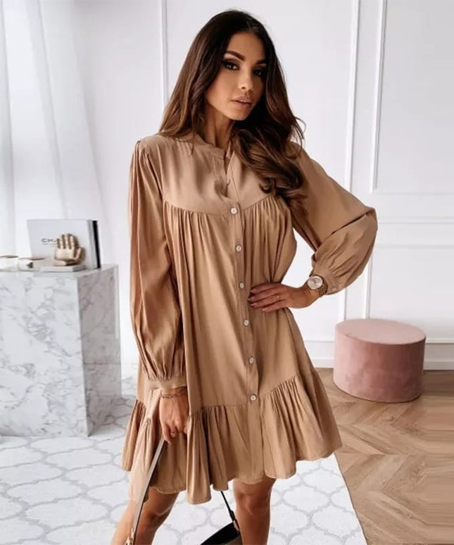 Vintage Ruffled Front Button Long Sleeve Dress