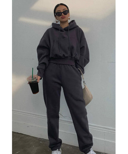 Drawstring Hoodie Crop Top & Jogger Pants