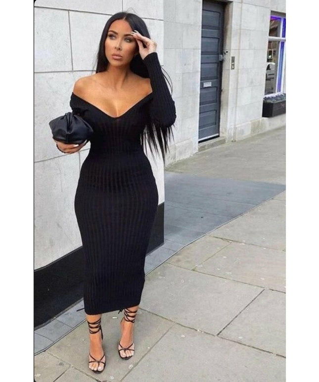 Deep V-Neck Sweater Dress