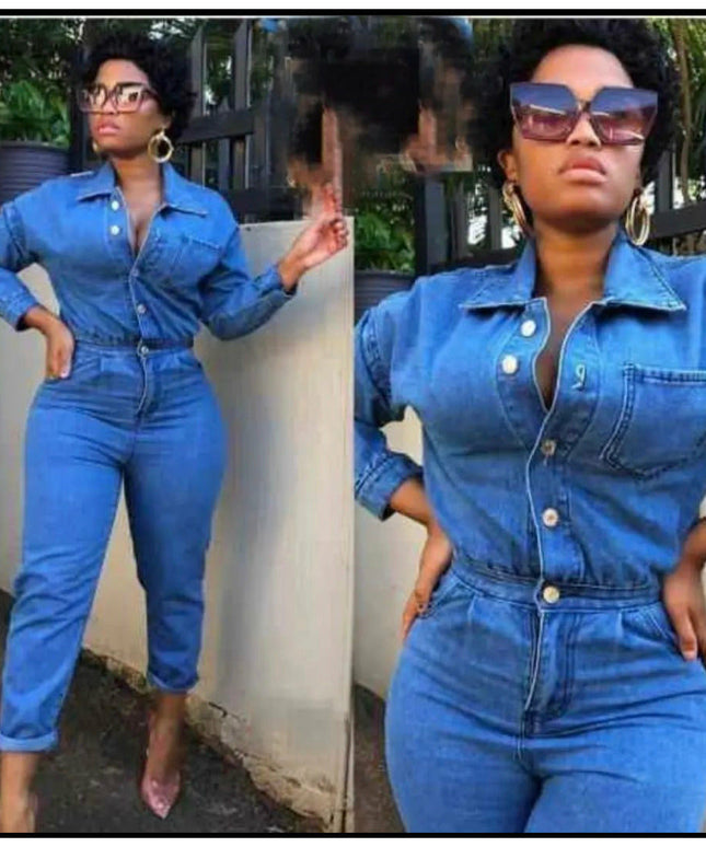 Long Sleeve Denim Overall Jumpsuit