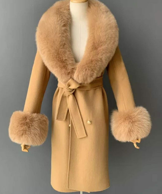 Fox Fur Collar Woolen Jacket Long Overcoat