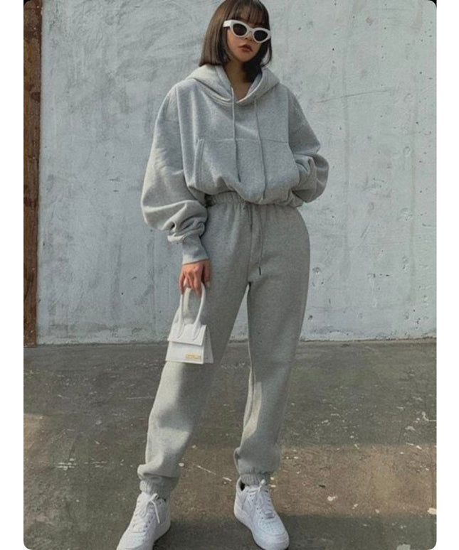 Drawstring Hoodie Crop Top & Jogger Pants