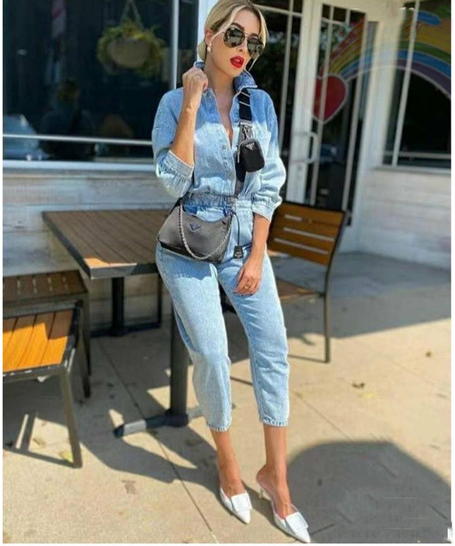 Long Sleeve Denim Overall Jumpsuit