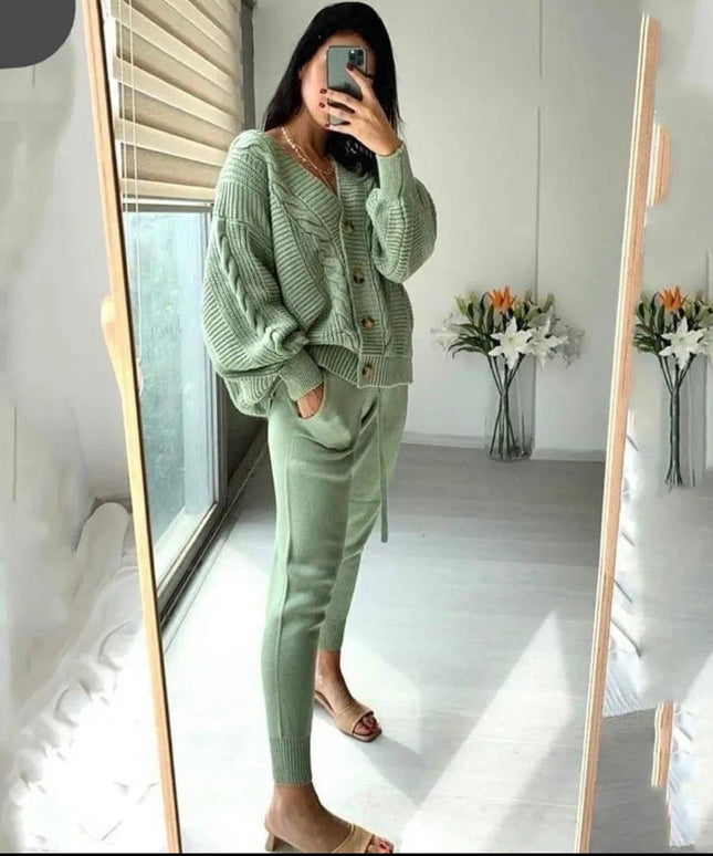 Solid Color Woolen Top and Pant Set