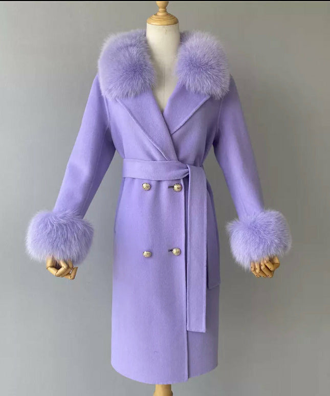 Fox Fur Collar Woolen Jacket Long Overcoat