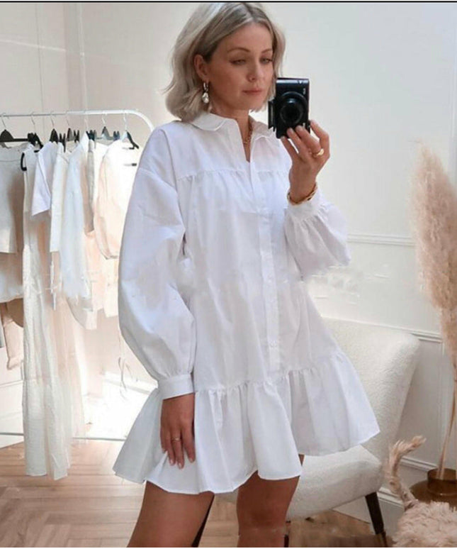 Vintage Ruffled Front Button Long Sleeve Dress