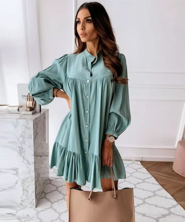 Vintage Ruffled Front Button Long Sleeve Dress