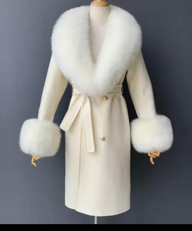 Fox Fur Collar Woolen Jacket Long Overcoat