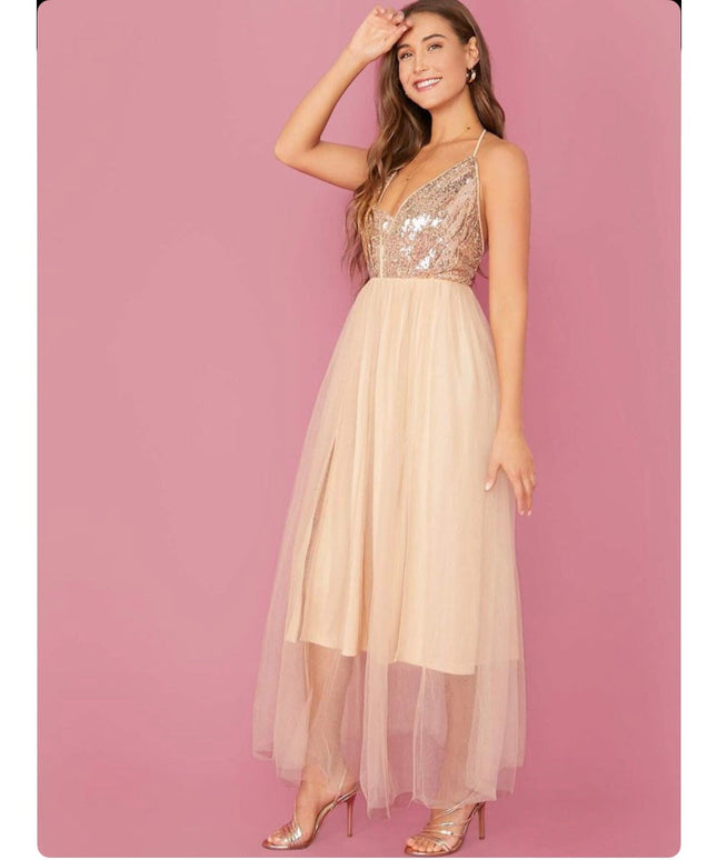 Sleeveless V-neck Sequins Prom Dress