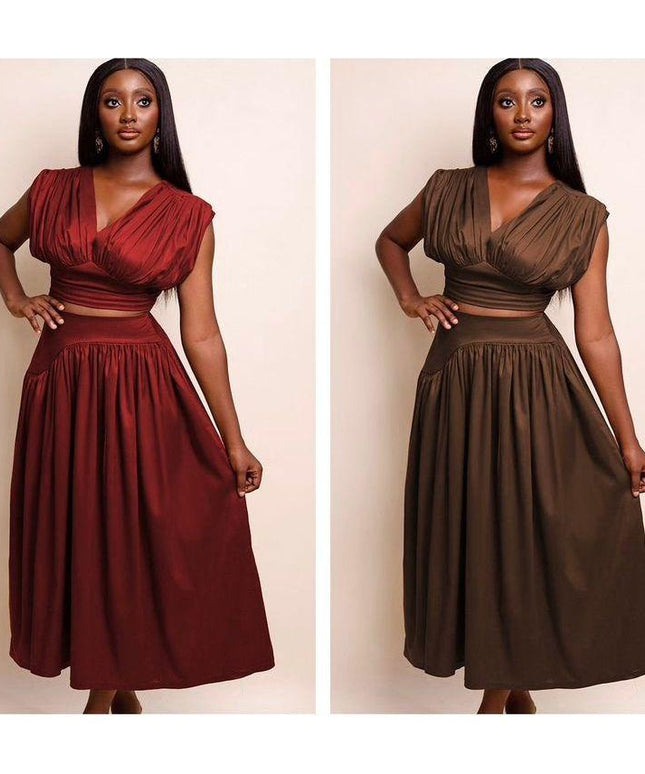 Sleeveless V-Neck Crop Top and High Waisted Skirt Set