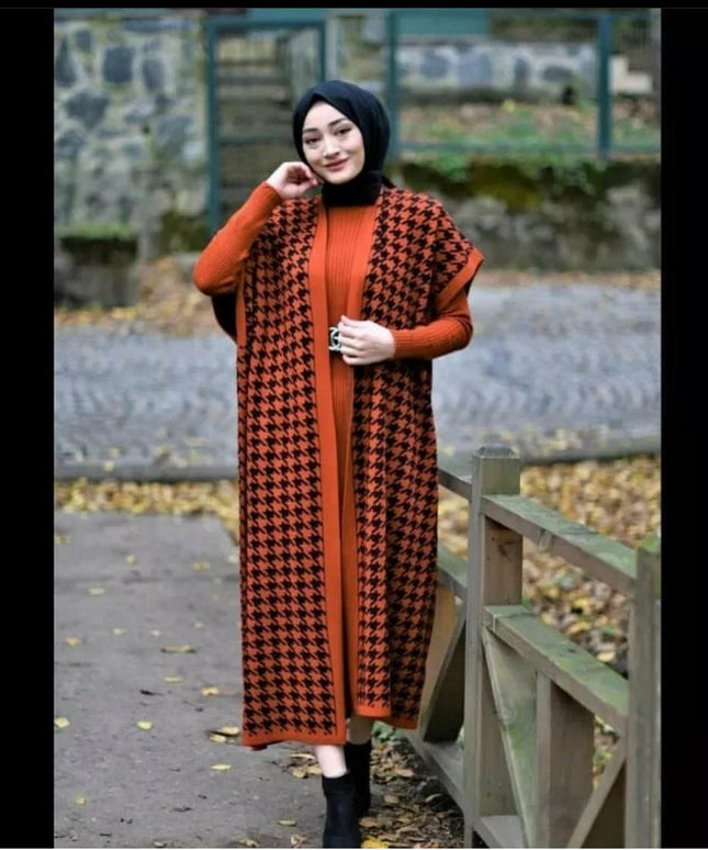 Plaid Cardigan & Sweater Dress Knitted Set