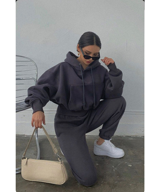 Drawstring Hoodie Crop Top & Jogger Pants