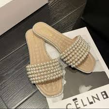 Flat Casual Rhinestone Faux Pearls Slippers.