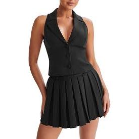 V-Neck Blazer Vest Matching Sets and Mini Pleated Skirts.