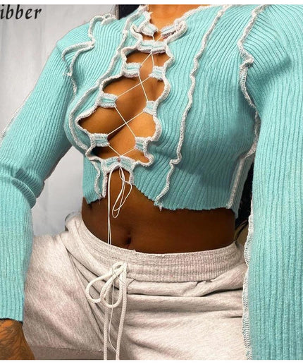 Lace Up Long Sleeve Crop Top