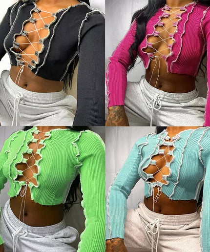 Lace Up Long Sleeve Crop Top