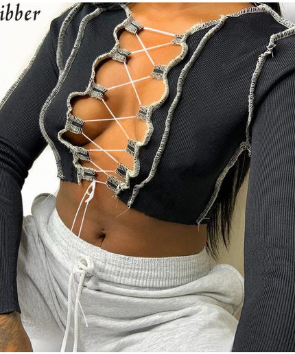 Lace Up Long Sleeve Crop Top