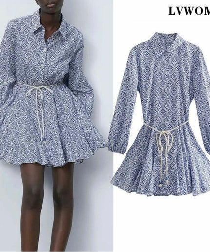 Print Button Detailed Vintage Mini Dress