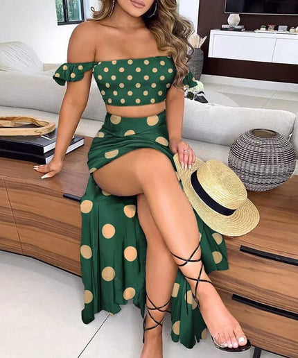 Sexy Summer Off Shoulder Crop Top Long Split Skirt