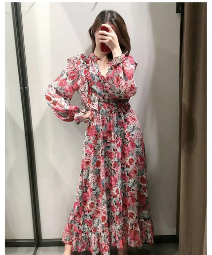 Elastic Waist Long Sleeve Floral Dress