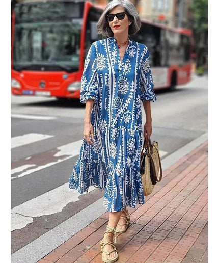 Casual V-Neck Printed Long Dress