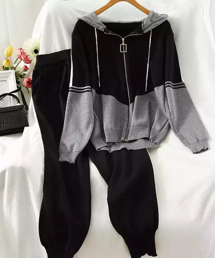 Knit Winter Hooded Zipper Two-piece Set