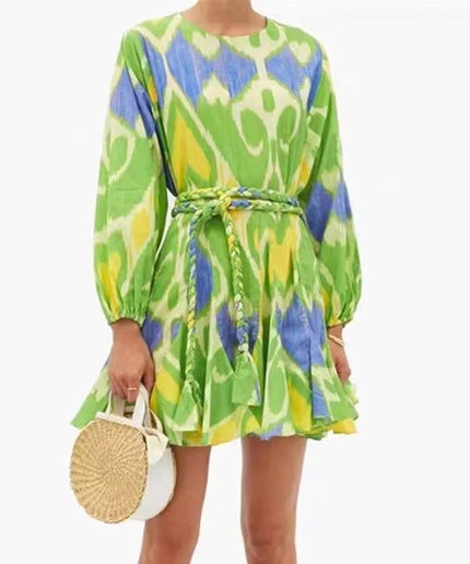 Bowknot Round  Neck Lantern Sleeve Mini Dress