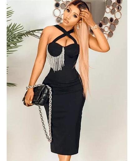 Sexy Halter Strap Crystal Tassels Bodycon Dress