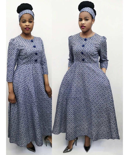 Long Sleeve Button Detailed Ankara Dress