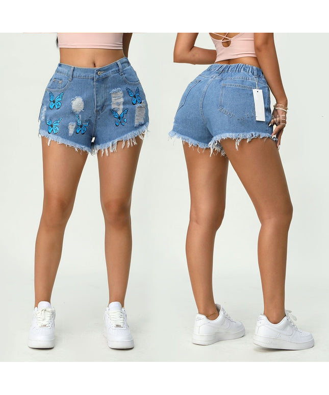 Butterfly Print Distressed Denim Short