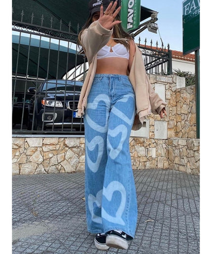 High Waisted Heart Print Wide Leg Jeans