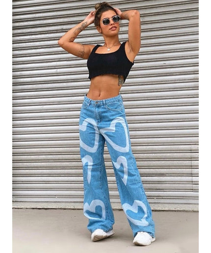 High Waisted Heart Print Wide Leg Jeans